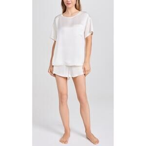 Lunya Washable Silk Tee Short Set Silver White Pajama XS S 100% Silk